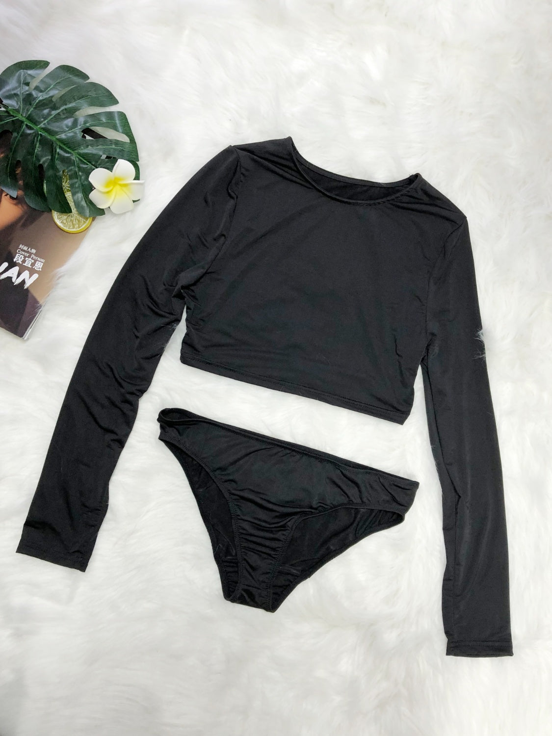 Round Neck Long Sleeve Top and Brief Swim Set